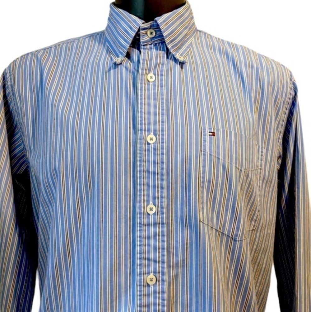 2/$20 Tommy Hilfiger Blue Striped Button Front Shirt Large Vertical